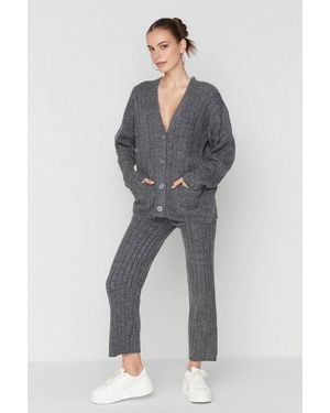 WOVCOR 2-Piece Set Ribbed Knit Cardigan & Wide Leg Trousers - Grey