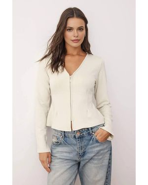 WOVCOR V Neck Zip Front Long Sleeve Knitted Blouse - White