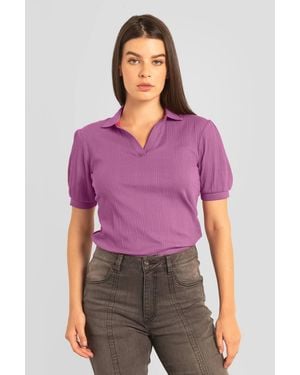 Enorsia Puff Sleeve V-Neck Polo Shirt - Purple