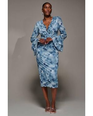 Jolie Moi Frill Sleeve Pleated Wrap Midi Dress - Blue