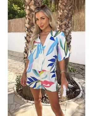 AX Paris Multi Leaf Print Boxy Shirt & Shorts Co-Ord - Blue