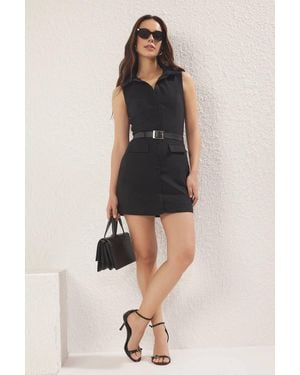 WOVCOR Belted Shirt Collar Wide Leg Playsuit - Black