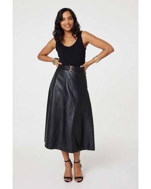 Izabel London Faux Leather Belted Midi Skirt - Black