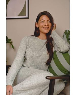 Loungeable Marl Brushed Rib Long Sleeve Top & Trouser Set - Natural