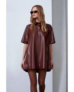 Dilvin Loose Fit Faux Leather Mini Shirt Dress - Brown