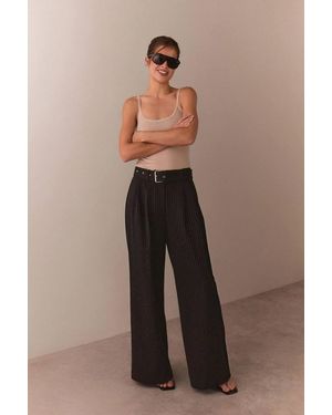 Warehouse Premium Belted Pinstripe Wide Leg Trouser - Black