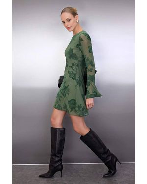 WOVCOR Floral Flocked Sheer Mini Dress - Green