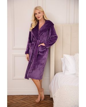 CAMILLE Supersoft Fleece Ribbed Collar Robe - Purple