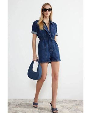 WOVCOR Denim Utility Shorts Playsuit - Blue