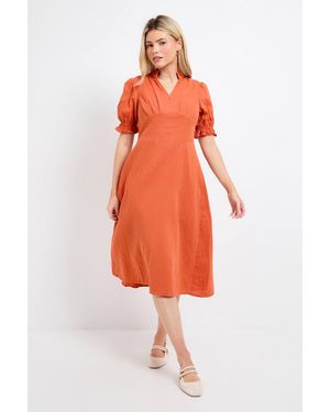 Dorothy Perkins Petite Lace Trim V Neck Puff Sleeve Midi Dress - Orange