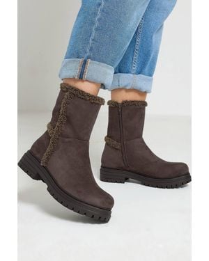 Yours Faux Fur Cleated Ankle Boots - Blue