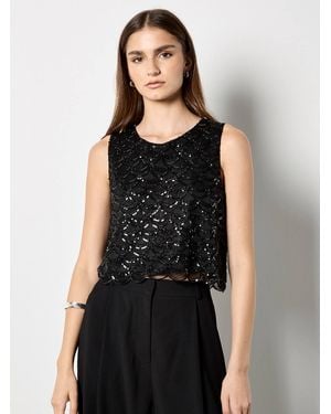 Apricot Scallop Sequin Crop Top - Black