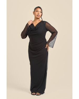 FASHION-SZN Curve Cowl Neck Long Sleeve Mesh Maxi Dress - Black