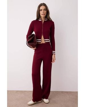 WOVCOR 2-Piece Set Zip-Up Knit Cardigan & Wide Leg Trousers - Red