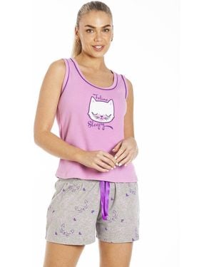 CAMILLE Cat Motif Short Cotton Pyjama Set - Purple