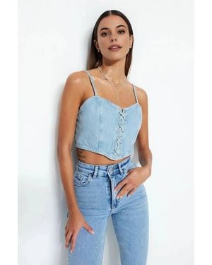 WOVCOR Lace-Up Front Denim Crop Bustier Top - Blue