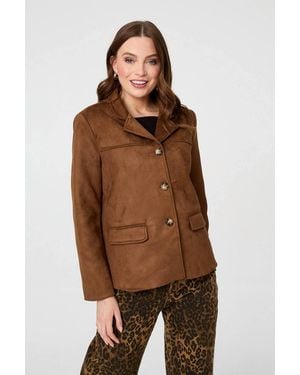 Izabel London Faux Suede Pocket Front Slim Jacket - Brown