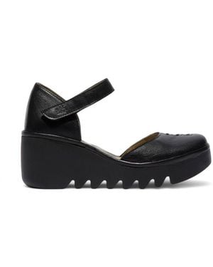 Infinity Leather Fly London Wedges Biso305Fly Sandals Espadrille Stap Heels - Black