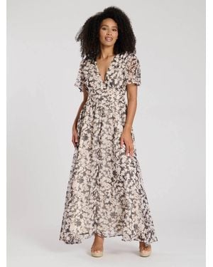 South Beach Printed Metallic Chiffon Button Detail Midi Dress - Multicolour