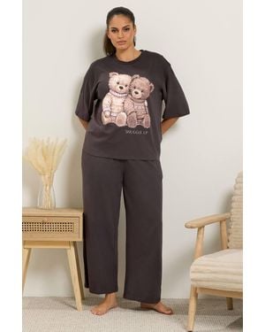 Yours 'Snuggle Up' Teddy Print Pyjama Set - Brown