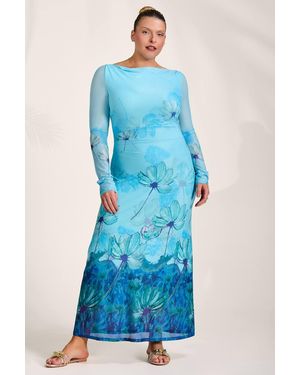 Jolie Moi Long Sleeve Slash Neck Mesh Maxi Dress - Blue