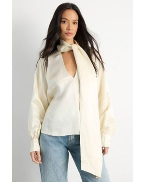 Warehouse Scarf Detail V Neck Satin Blouse - Natural