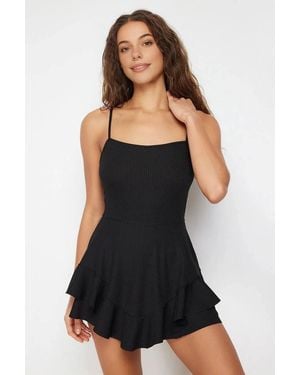 WOVCOR Strappy Ruffle Hem Playsuit - Black