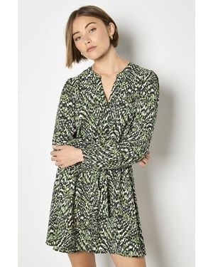 Apricot Animal Ikat Print Drawstring Mini Dress - Green