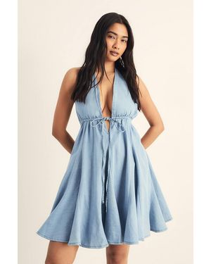 Nasty Gal Chambray Lace Trim Tie Waist Romper - Blue
