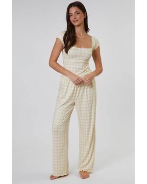 Loungeable Gingham Heart Printed Cami & Wide Leg Trouser Set - Natural