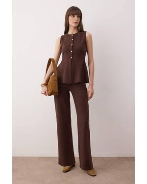 WOVCOR Buttoned Peplum Knit Top & Palazzo Trousers 2 Piece Co-Ord Set - Brown