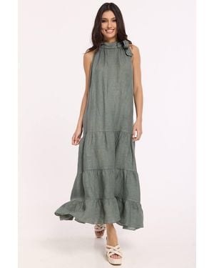 Liquorish Sage Linen Tie Neck Tiered Maxi Dress - Green