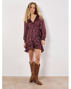Apricot Constellation Ruffle Wrap Satin Mini Dress - Purple