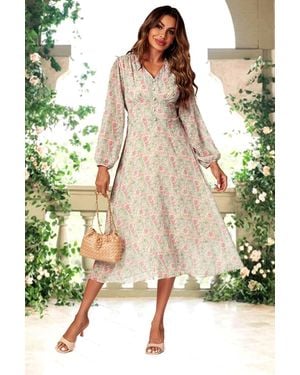 FS Collection Floral Print Long Sleeve Midi Dress - Multicolour