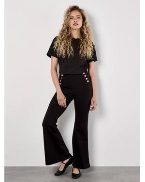 Apricot Button Detail Stretch Flare Trousers - Black