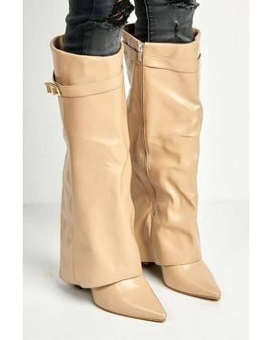 Miss Diva Ayla Block Heel Pointy Toe Collared Pu Calfboots With Clasp Detail - Black