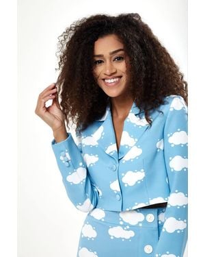 Liquorish Cloud Print Crop Blazer - Blue