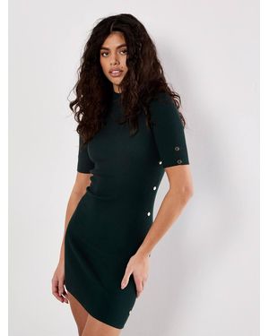 Apricot Ribbed Knit Button Embellished Mini Dress - Black
