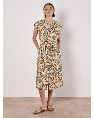 Apricot Belted Leaf Print Midi Shirt Dress - Natural