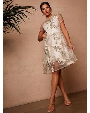 Chi Chi London Floral Embroidered Mesh Overlay Midi Dress - Brown