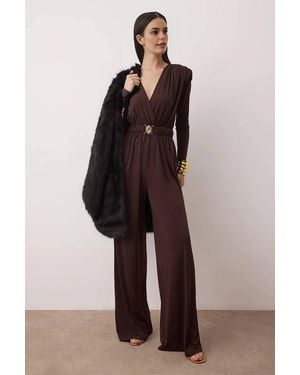 WOVCOR V Neck Long Sleeve Belted Wide Leg Jumpsuit - Brown