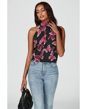 FS Collection Butterfly Print Halter Neck Tie Back Top - Blue