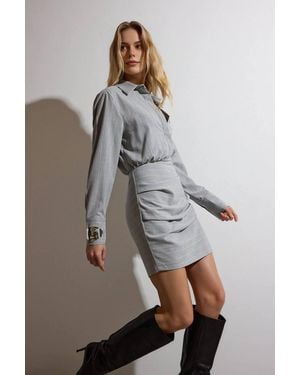 WOVCOR Pinstripe Drape Detail Mini Woven Shirt Dress - Grey