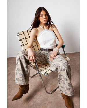 Nasty Gal (N) Cotton Embroidered Lace Trim Halter Neck Tie Back Crop Top - Brown