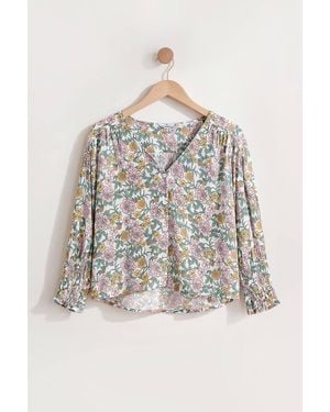 Enorsia Printed Flute Sleeve Blouse - White