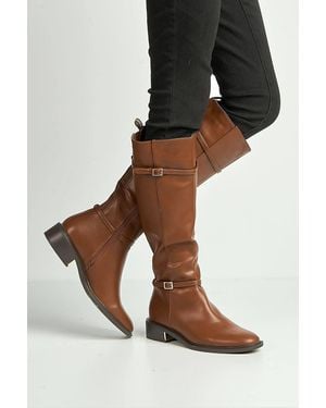 Miss Diva Calista 2 Buckle Strap Low Heel Calf Boots - Black