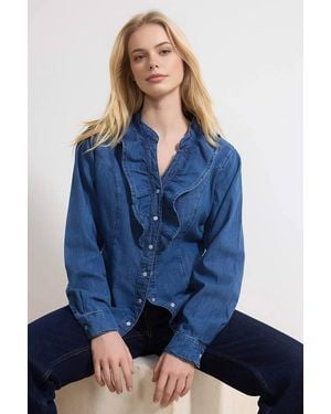 WOVCOR Ruffle Front Collared Long Sleeve Cotton Denim Shirt - Blue