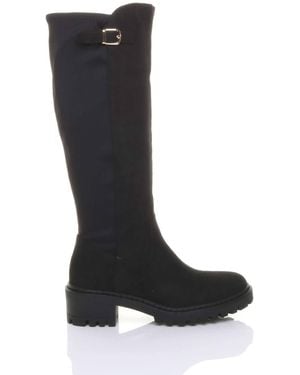 AJVANI Low Heel Chunky Stretchy Calf Biker Boots - Black
