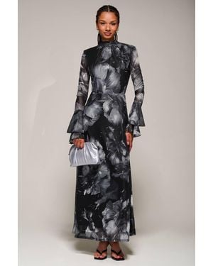 Jolie Moi Ruffle Long Sleeve Mesh Maxi Dress - Black
