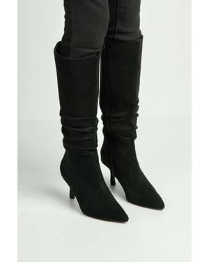 Miss Diva Zeli Low Kitten Heel Pointy Toe Rouch Calf Boots - Black